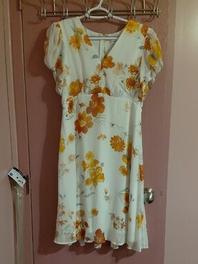 Calvin Klein White Midi Dress with Yellow Floral Print and Puff Sleeves